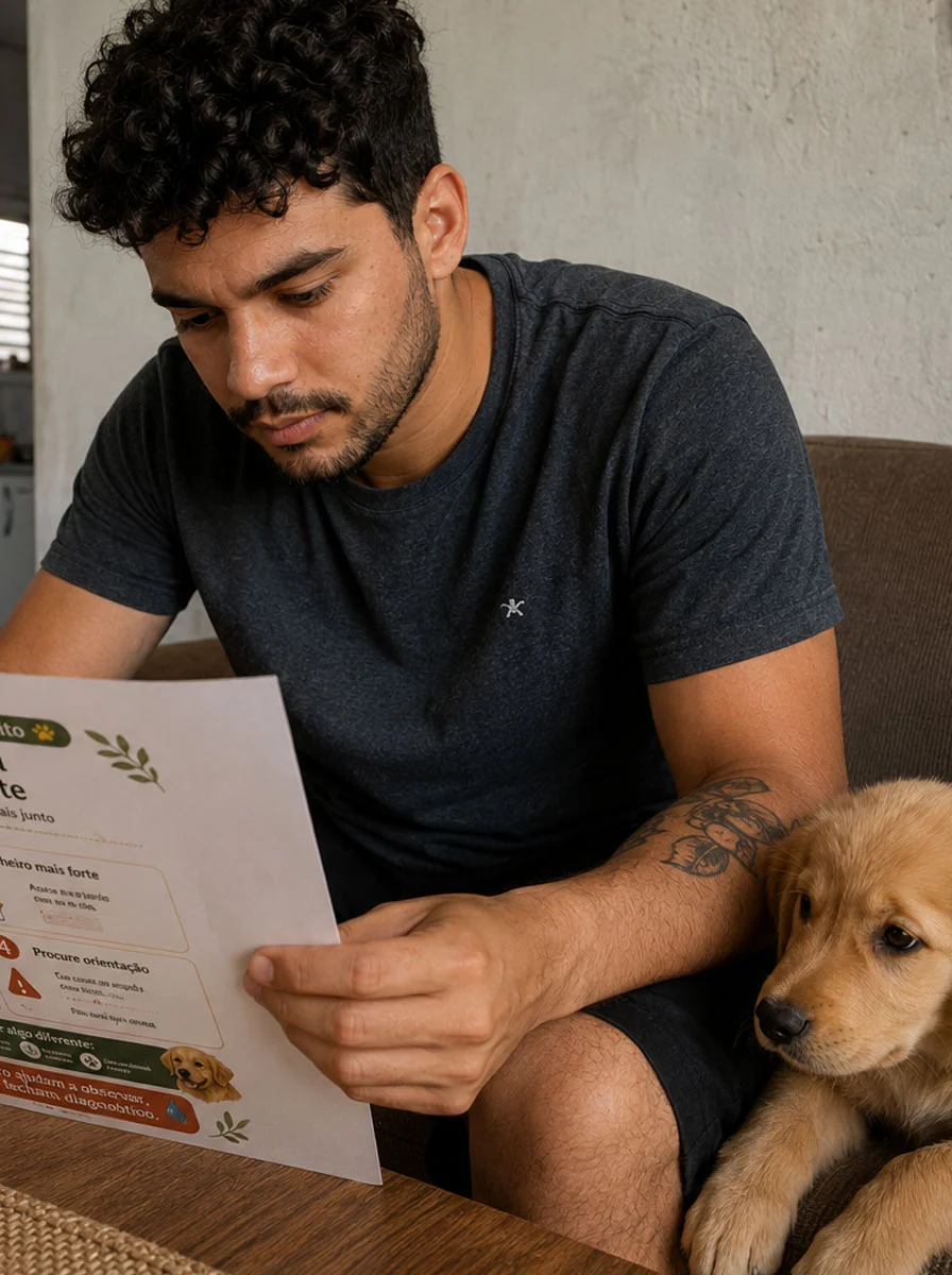 Tutor lendo o guia ao lado do pet